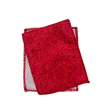 Two bright red textured microfiber cleaning cloths with mesh backing and striped trim edges for household use