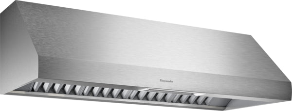Brushed stainless steel 60-inch wall-mounted range hood from Thermador's Kitchen & Kitchenware collection