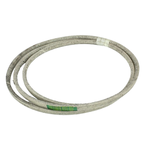 Gray mower deck drive belt coiled for garden equipment and lawn care tool replacement use
