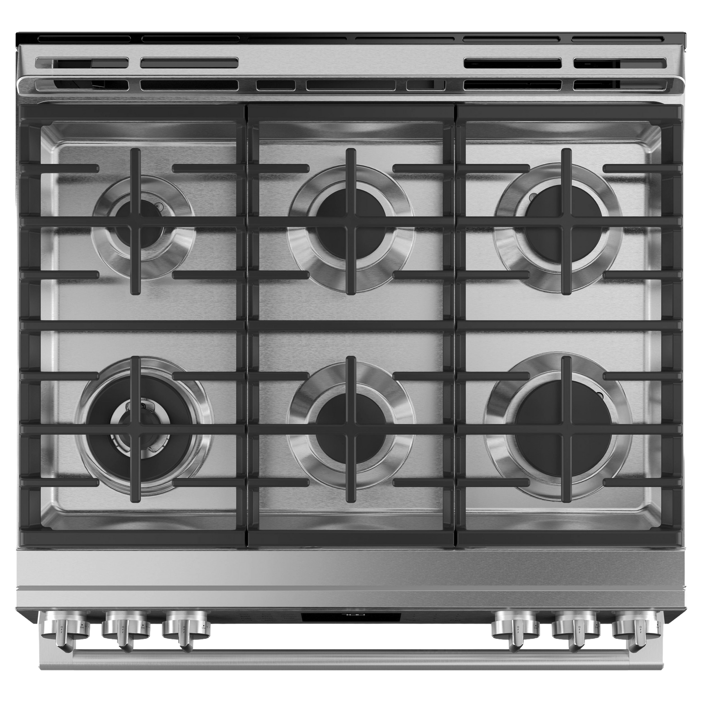 Top-down view of stainless steel six-burner gas range with front control knobs for kitchen and home improvement use