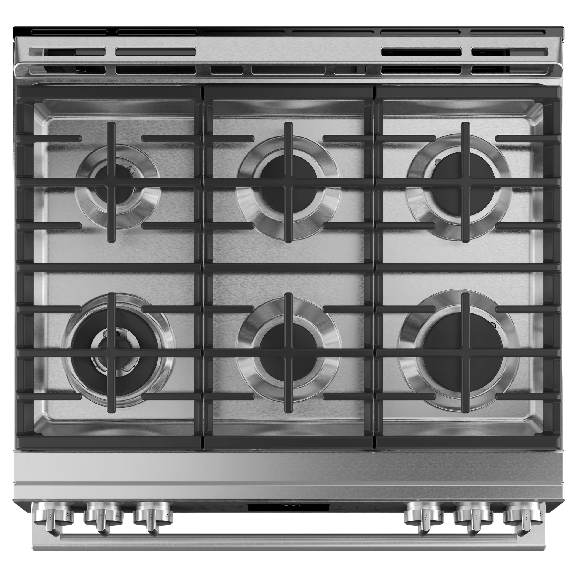 Top-down view of stainless steel six-burner gas range with front control knobs for kitchen and home improvement use