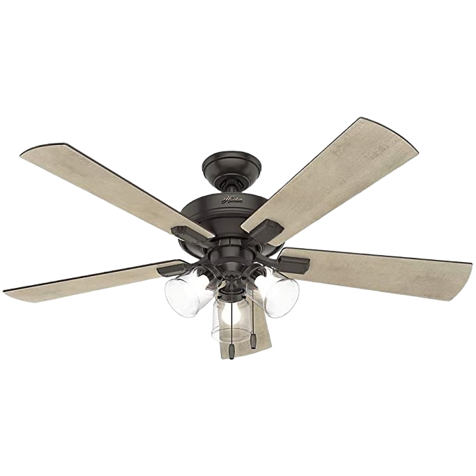 Rustic noble bronze ceiling fan with five snap-on blades and three vintage-style LED light fixtures for indoor use