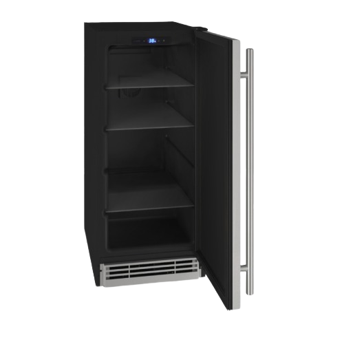 Black compact refrigerator with open door, stainless steel handle, digital temperature display from Refrigerators collection