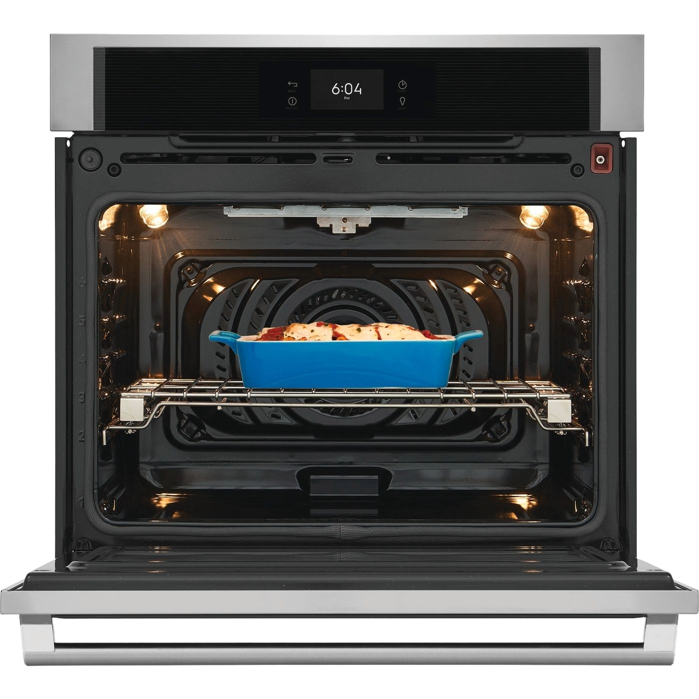 30" stainless electric single wall oven with digital display and open door showing casserole dish inside from wall ovens collection