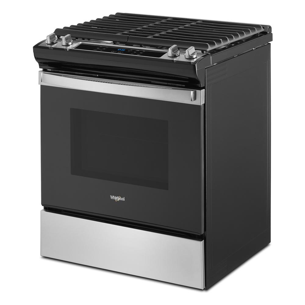 Black and stainless steel gas slide-in range with edge-to-edge cast iron grates in Ranges & Cooktops at Hartville Hardware