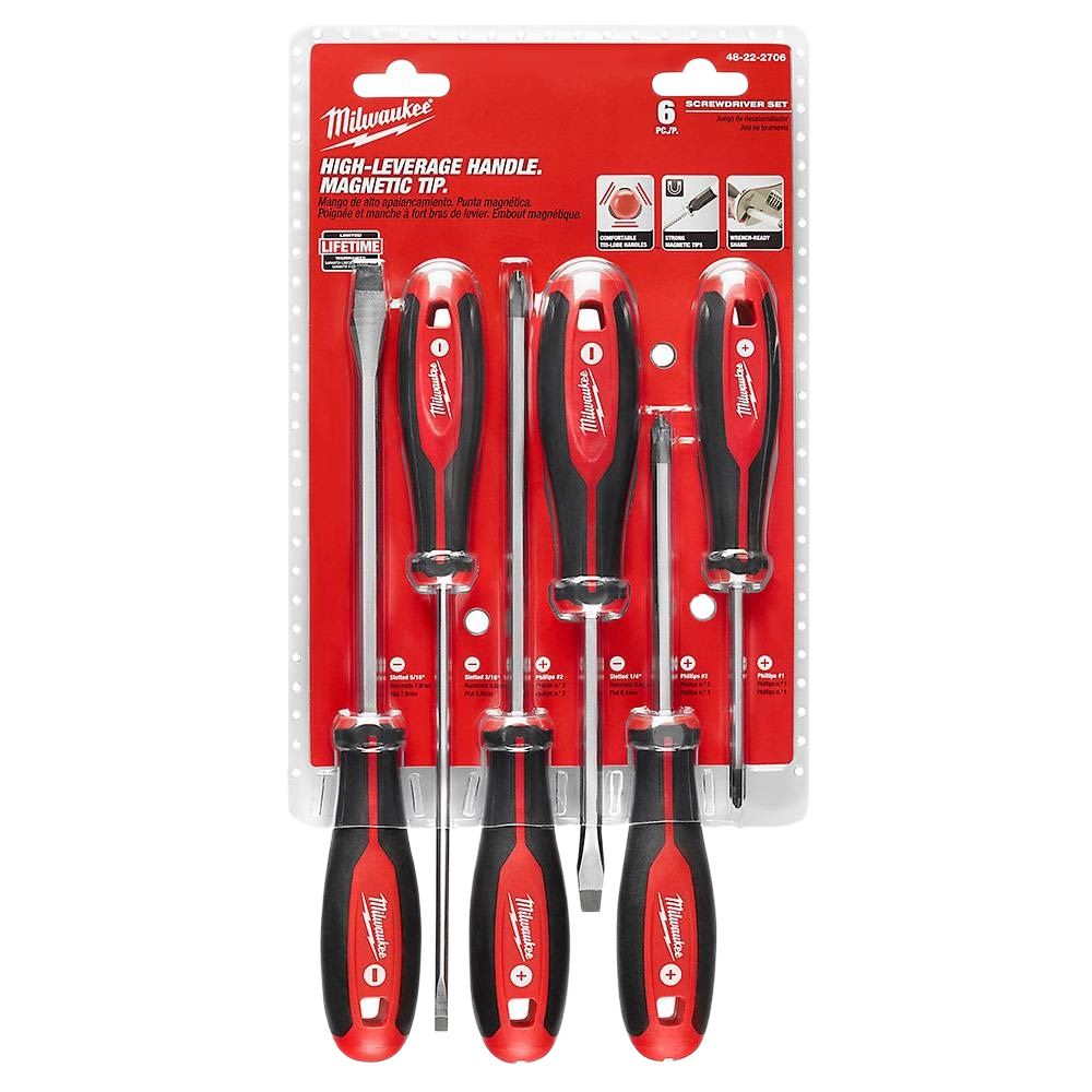 Six-piece screwdriver set with red and black high-leverage handles for fastening and woodworking tasks in hand tools collections