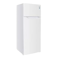 White top freezer refrigerator with manual defrost and crisper cover in kitchen appliance setting