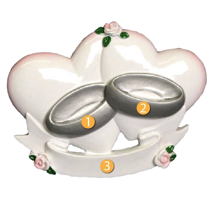 White double-heart ornament featuring two silver wedding rings and floral accents from Christmas collection