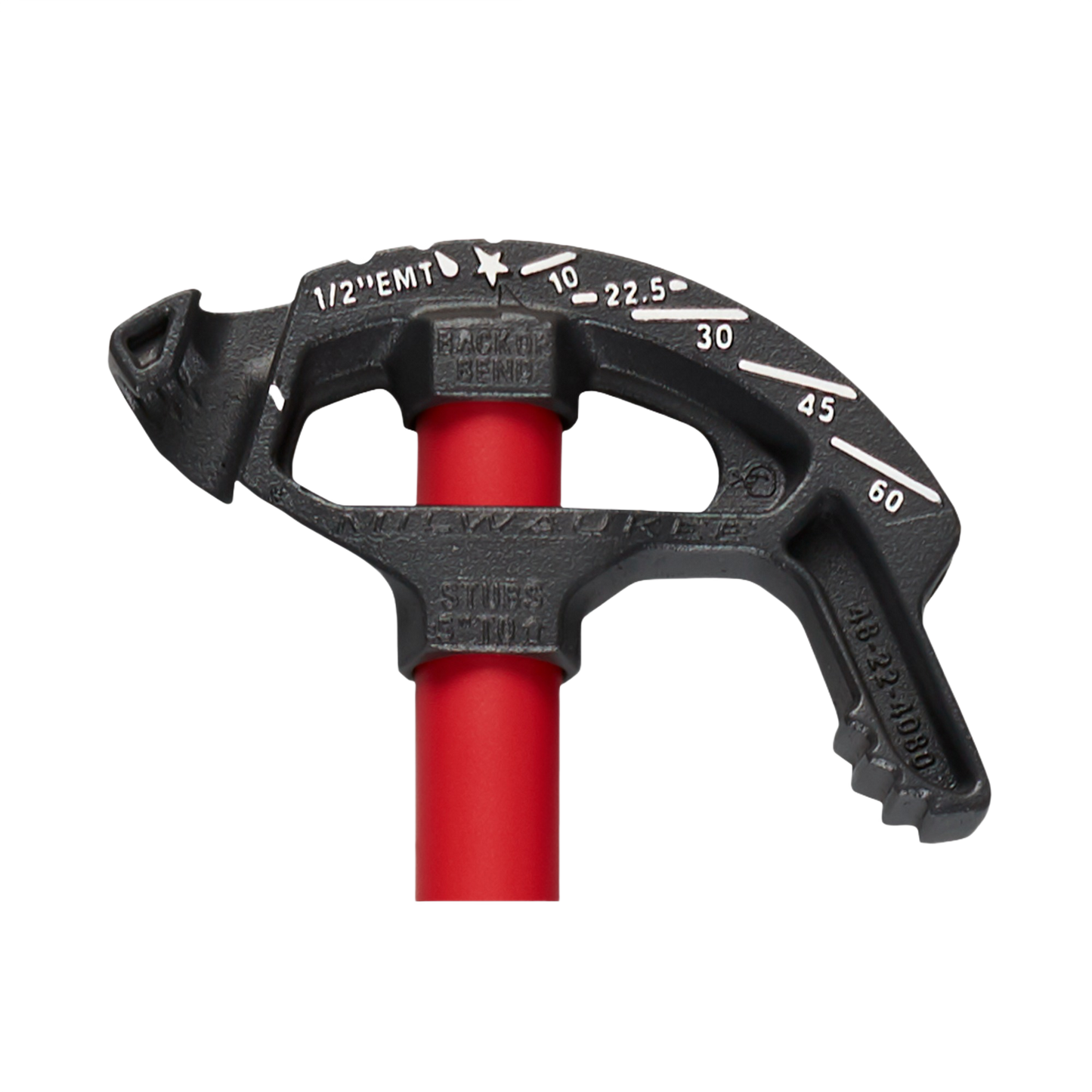Black iron conduit bender with high contrast angle markings on red shaft for electrical hand tools and conduit accessories collection