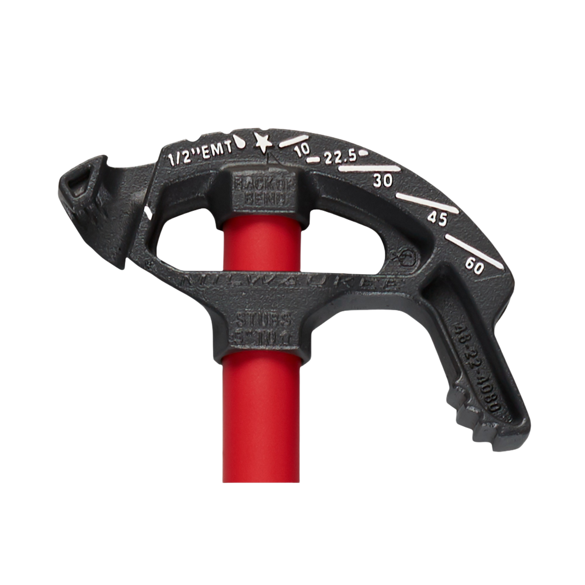 Black iron conduit bender with high contrast angle markings on red shaft for electrical hand tools and conduit accessories collection