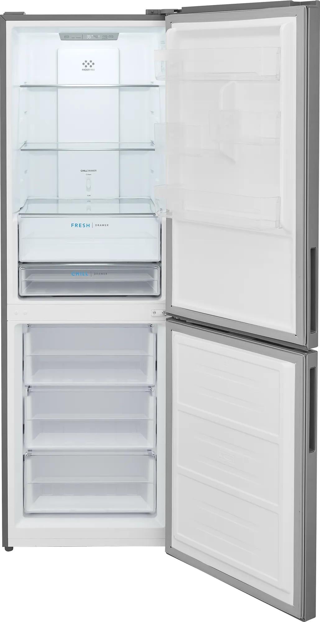 Open gray bottom freezer refrigerator with adjustable shelves and clear storage compartments in kitchen appliances collection