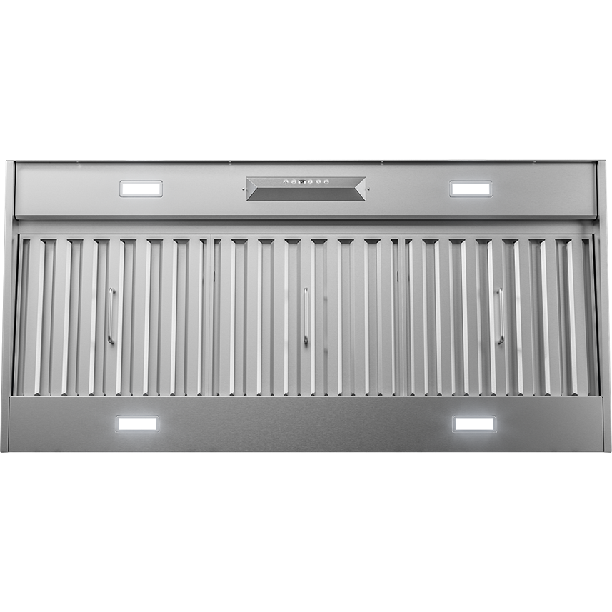 Underneath view of stainless steel range hood insert with LED lights in kitchen appliances and over the range hoods collection