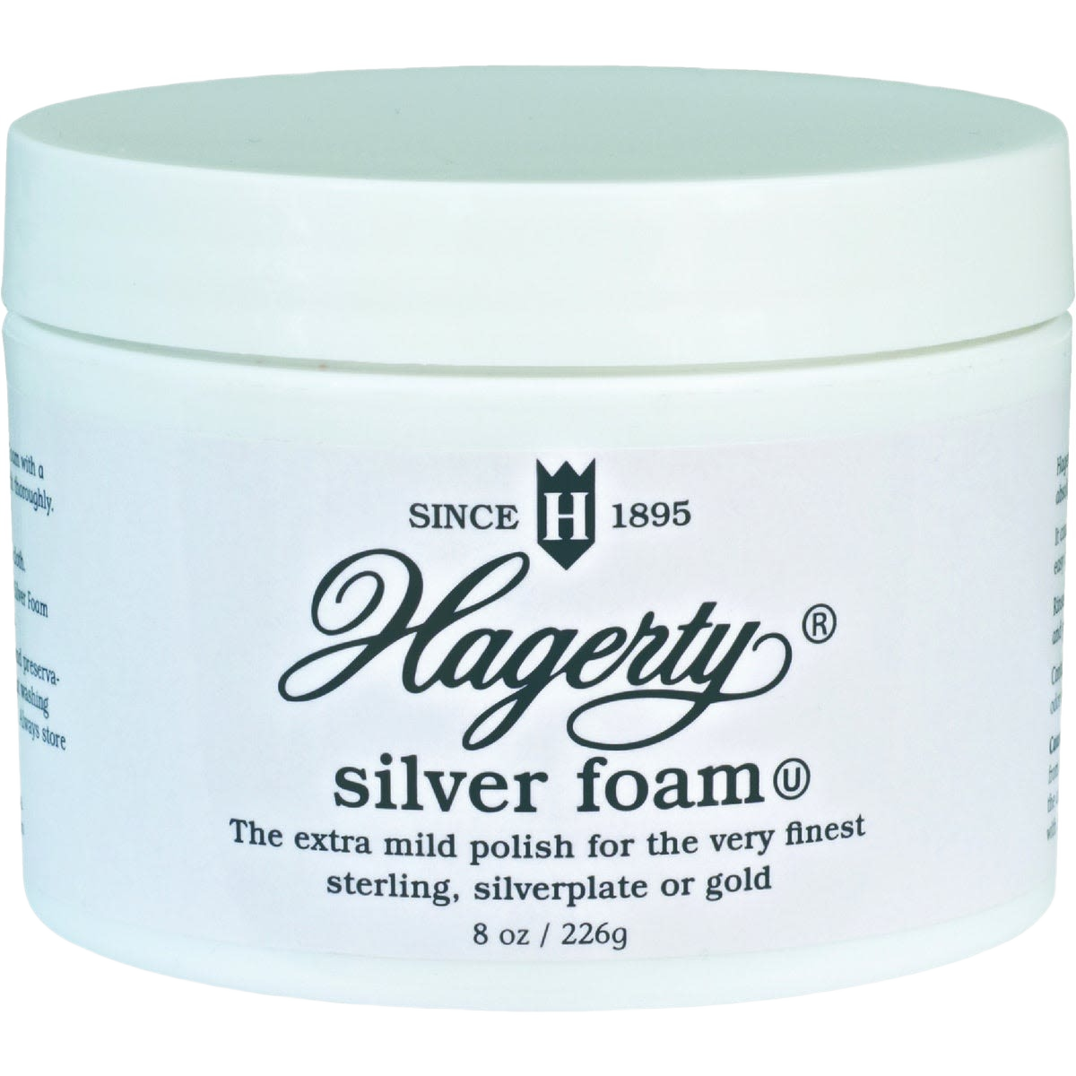 White plastic jar of silver foam polish for cleaning and polishing sterling, silverplate, and gold under $50 home supplies
