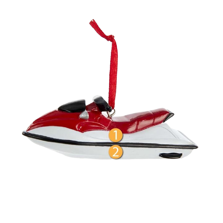 Red and white personalized watercraft ornament with black seat and hanging ribbon for holiday decoration