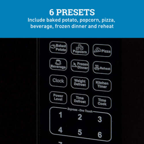 Close-up of microwave control panel showing six preset buttons for common foods and cooking functions in kitchen appliances collection