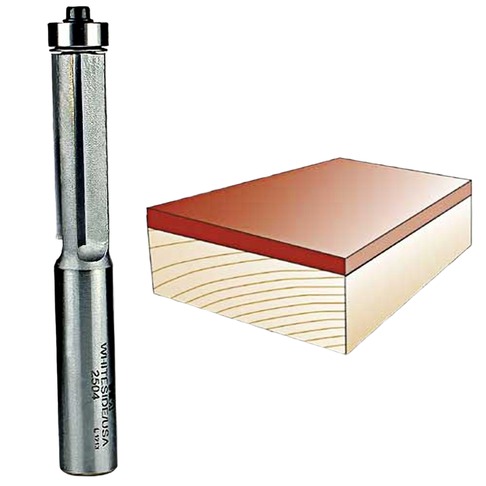 Carbide-tipped three flute flush trim router bit next to a wood edge for home improvement and tool accessories collections