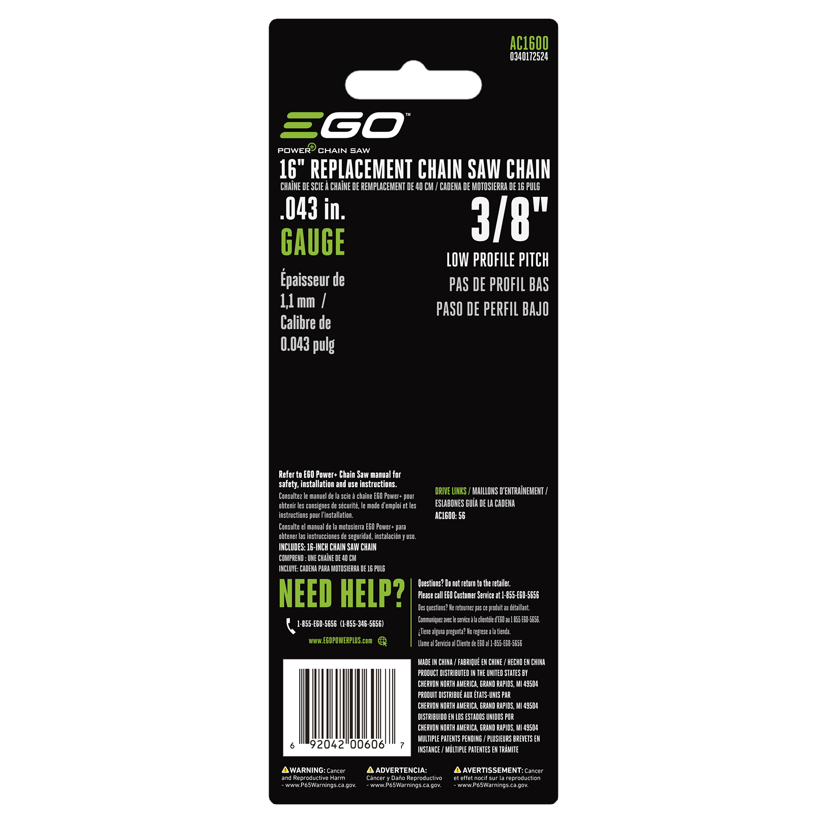 Black and green packaging of an EGO 16-inch chainsaw chain in the outdoor power tools collection