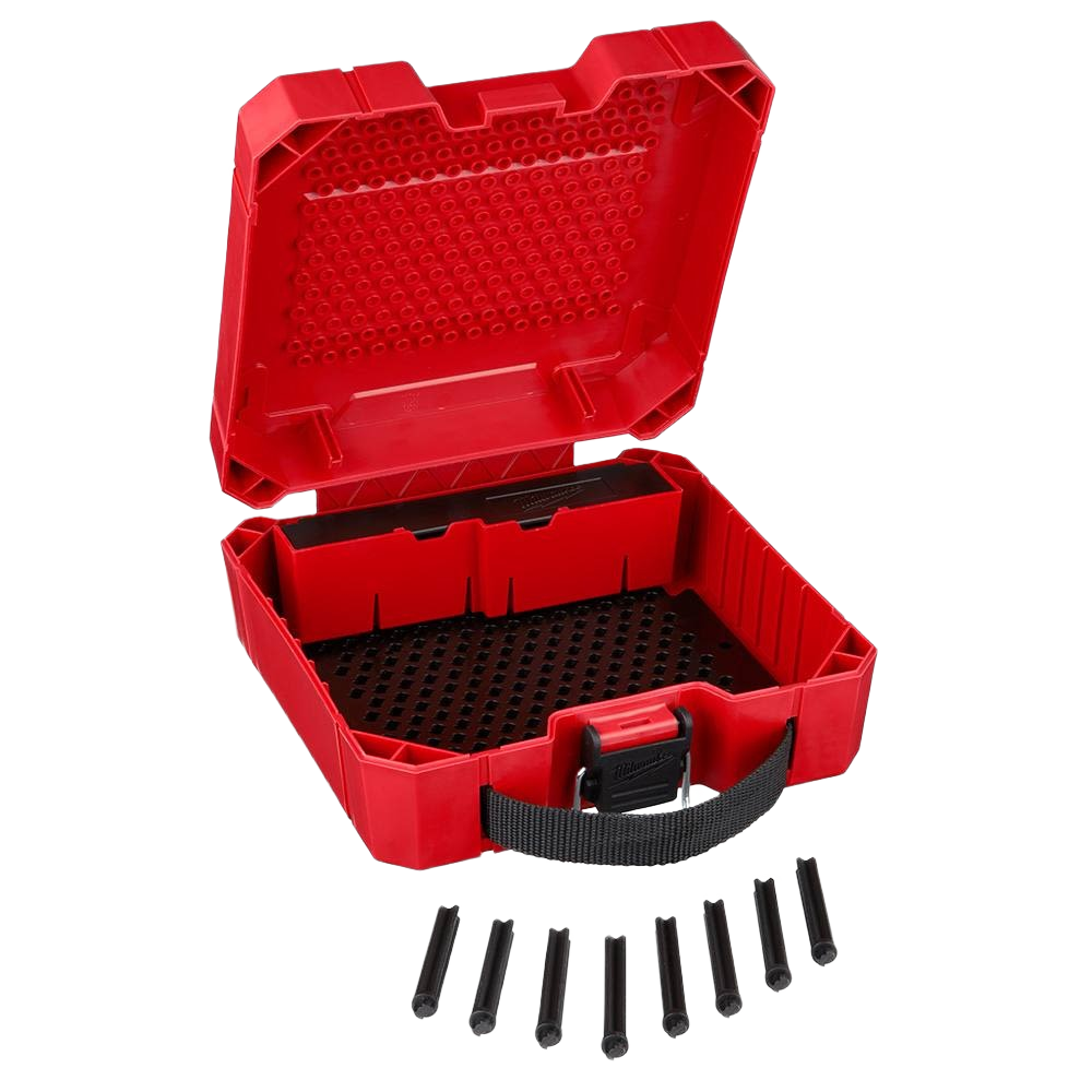 Red plastic case for hole saw storage with customizable peg system, included peg accessories for workshop organization and tools.