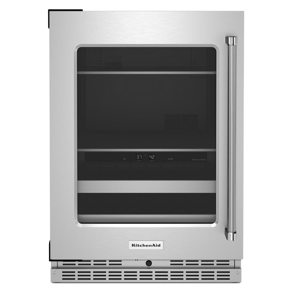 Undercounter beverage center with stainless steel frame, glass door, metal racks, and digital temperature controls from KitchenAid