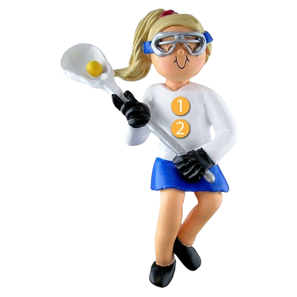 Personalized blonde female lacrosse player ornament wearing blue skirt and protective eyewear from Christmas collection