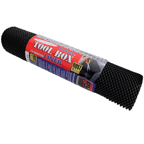 Roll of textured black rubberized foam tool box liner with rust protection for drawer and tool storage organization