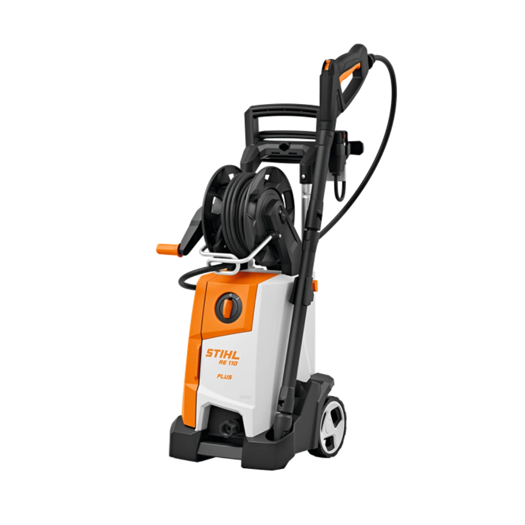Compact electric pressure washer with hose reel and ergonomic handle for home improvement and cleaning tasks