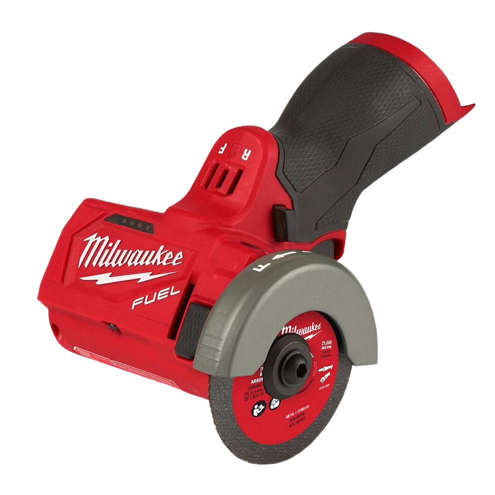 Compact red and black cordless cut off tool with textured grip designed for precision home improvement tasks