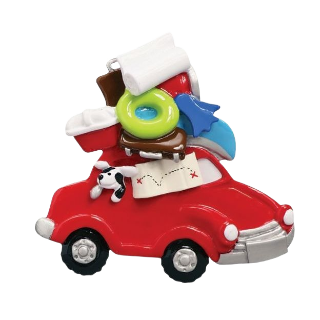 Red car ornament piled with travel gear, map, and dog for Christmas Ornaments & Tree Decorations under $50 collection