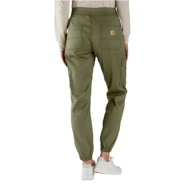 Women’s relaxed fit dusty olive twill pants with elastic cuffs, back patch pockets, and side utility pocket for everyday comfort