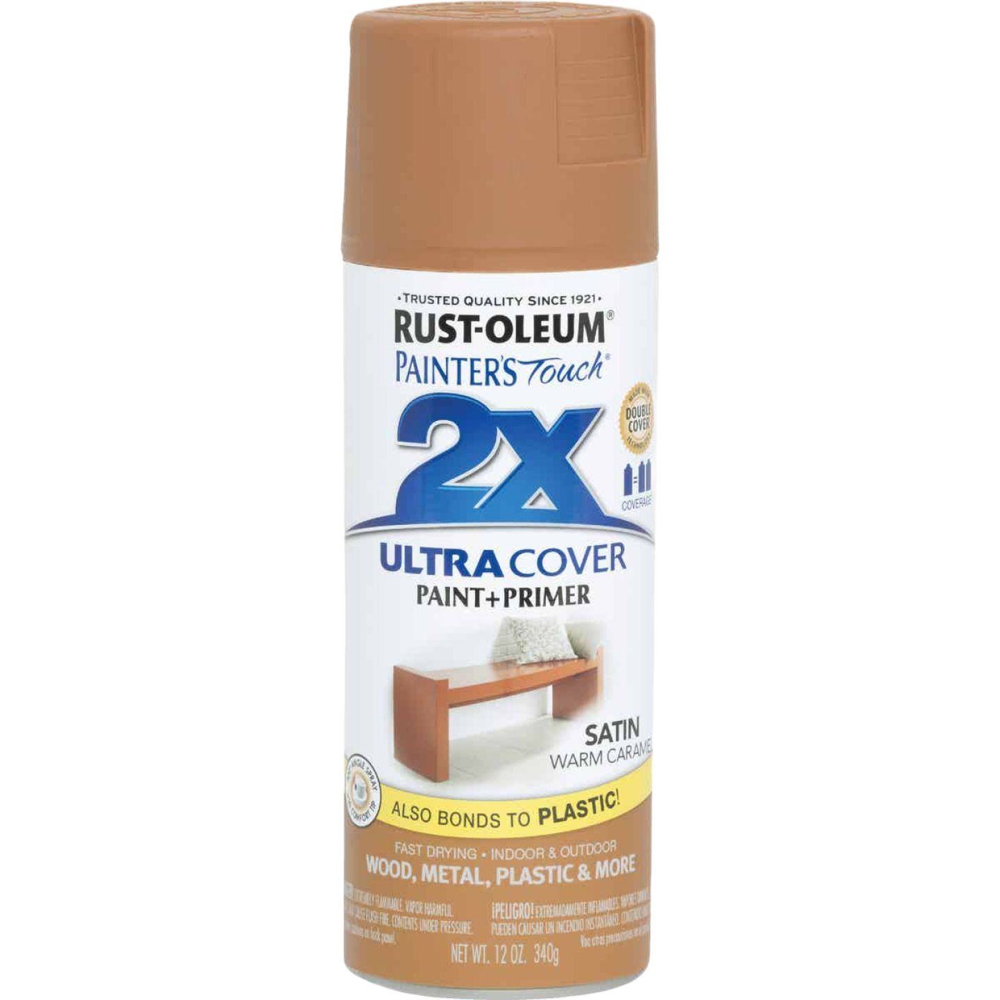 Rust-Oleum satin spray paint in warm caramel color for wood, metal, plastic, and home improvement projects