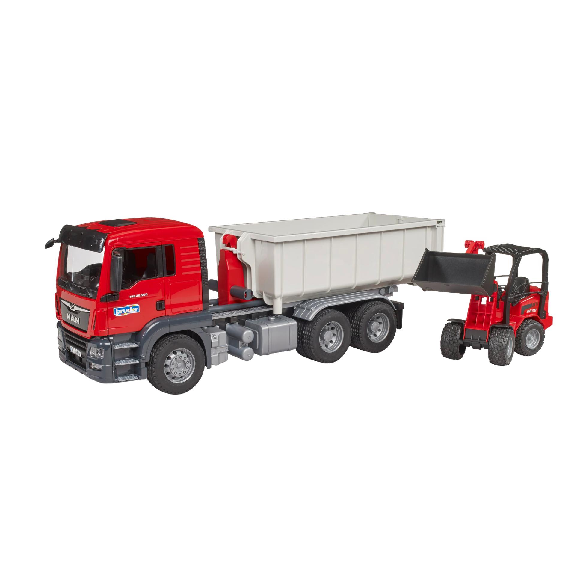 Red and gray MAN truck toy with detachable roll-off container and compact loader in Vehicles & Remote Controlled Toys collection