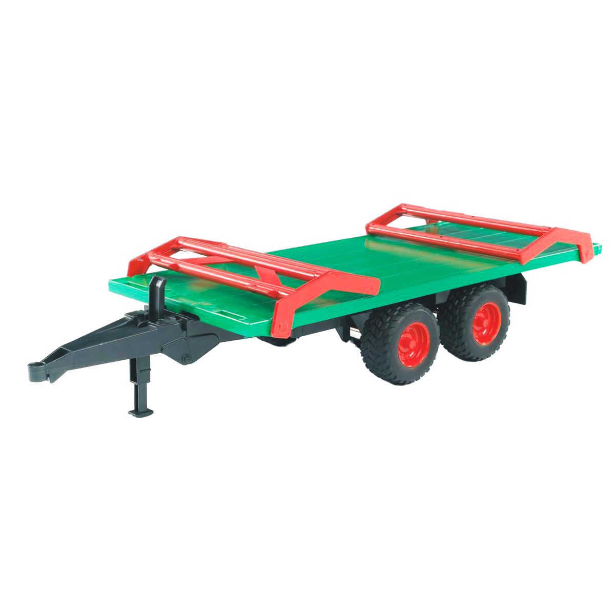 Green flatbed bale transport trailer with red fold-down stanchions and black hitch for Bruder Toys under $100 collection