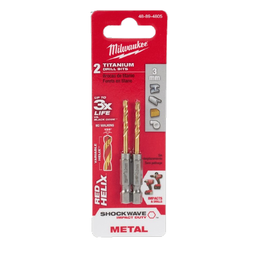 Two-pack of 3mm titanium drill bits with RED HELIX design for durable metal drilling in tool accessories collection