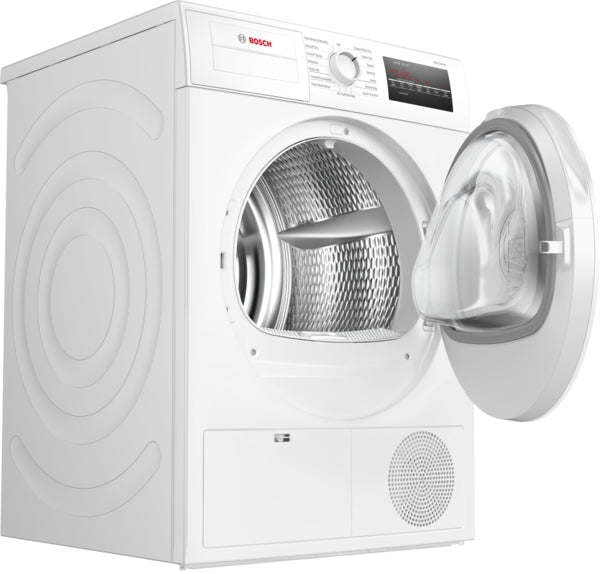 White compact Bosch dryer with open front door showcasing stainless steel drum in Dryers and Appliances collection