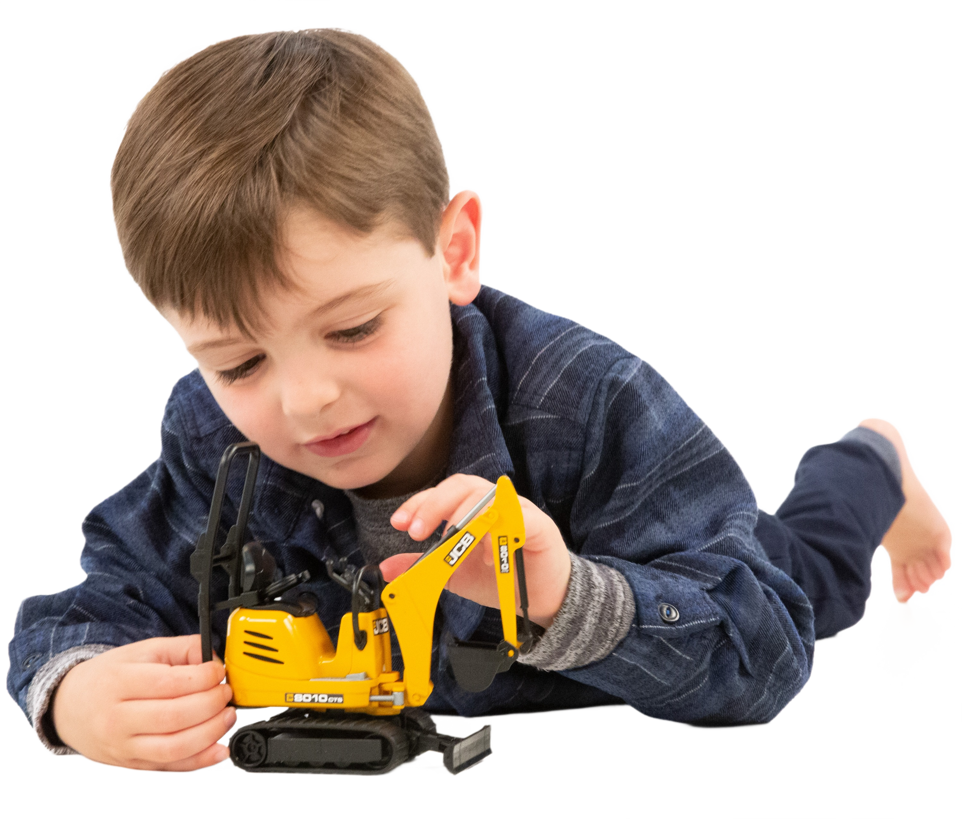 Child playing with a yellow Bruder JCB micro excavator toy featuring detailed arm and black rubber tracks for construction play