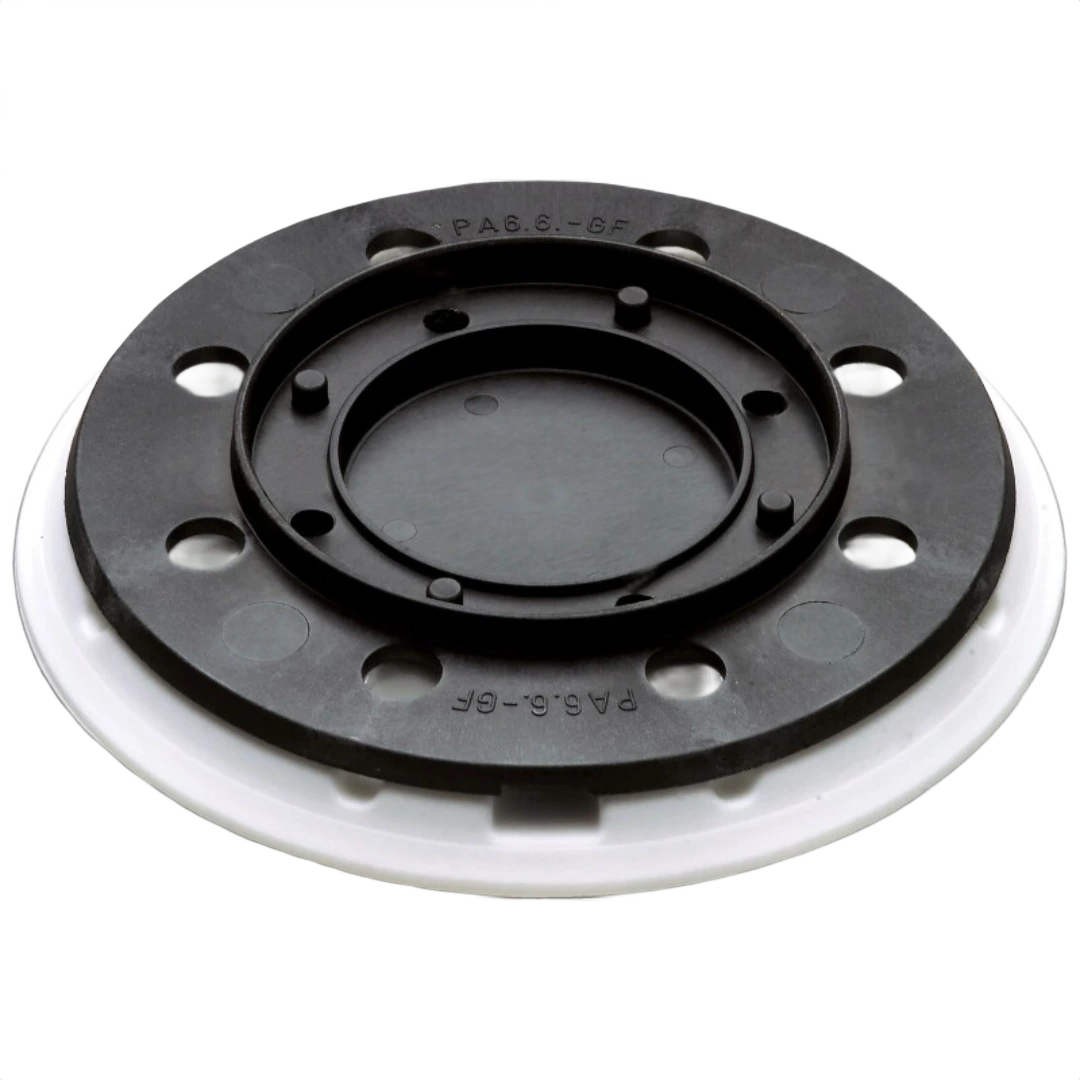 Soft sanding pad with circular black backing and white foam edge for woodworking and power tool accessories