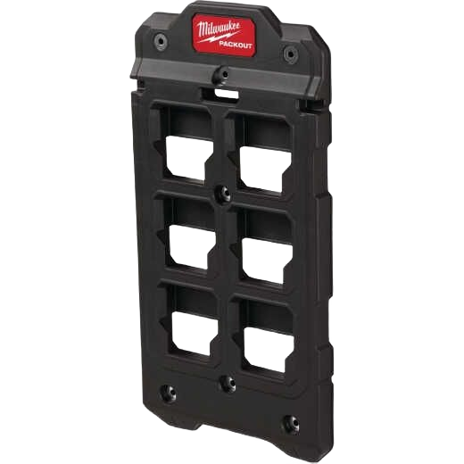 Black compact wall plate with multiple mounting slots and red Milwaukee PACKOUT logo for home improvement tools