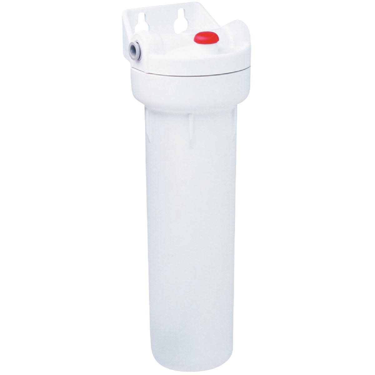 White cylindrical under sink water filter housing with inlet and outlet ports for home improvement installations