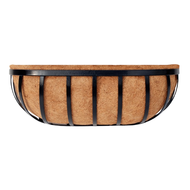 Black metal traditional wall trough with natural coco liner for home improvement and gardening use