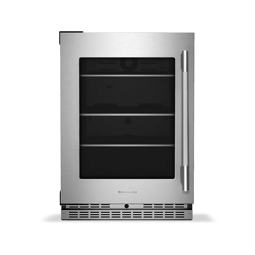 24-inch undercounter refrigerator with stainless steel frame, glass door, and metallic accent shelves from KitchenAid collection