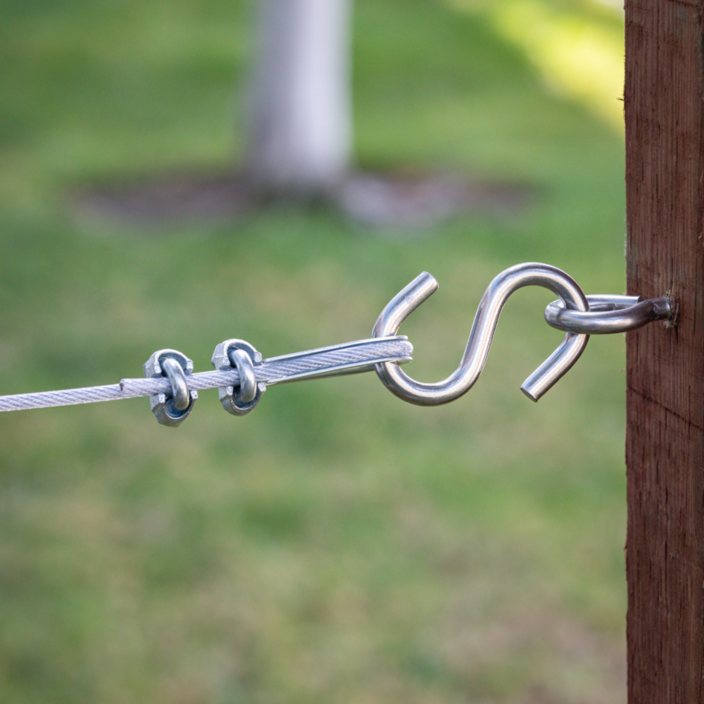 3-inch stainless steel heavy open S hook securing cable wire rope to metal ring on wooden post for hardware projects under $50
