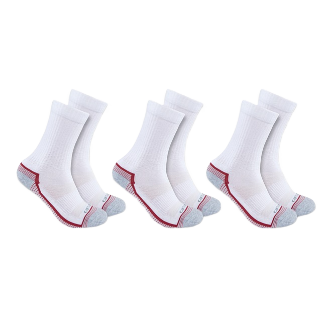 Three pairs of white midweight crew socks with gray heels and red trim for women's clothing and footwear collections
