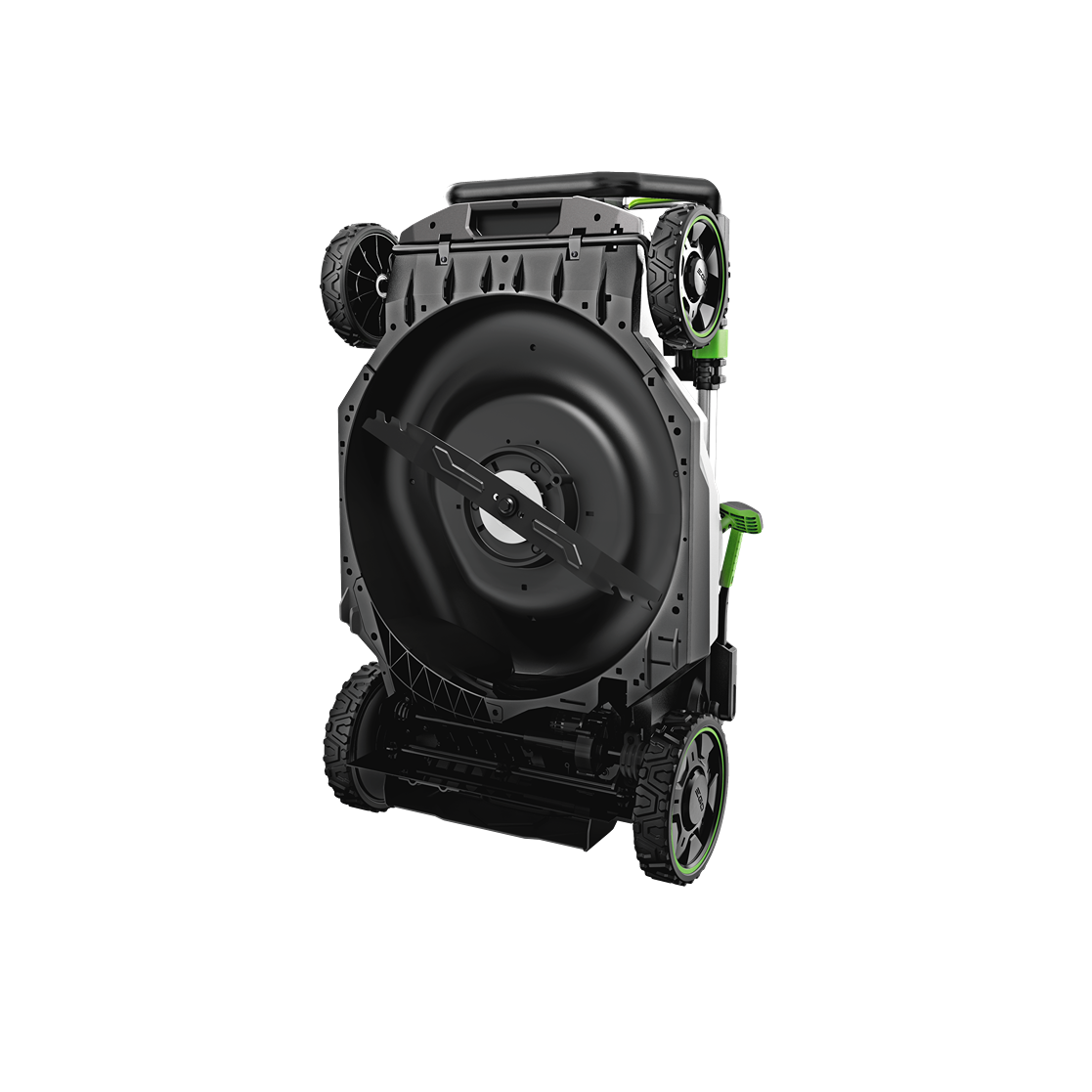 Underside view of a 21-inch cordless self-propelled mower deck with blade and large wheels for yard maintenance