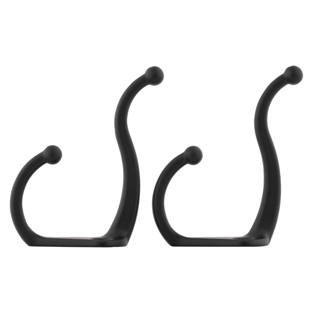 Pair of matte black curved coat hooks with rounded ends and mounting holes for closet and storage organization projects
