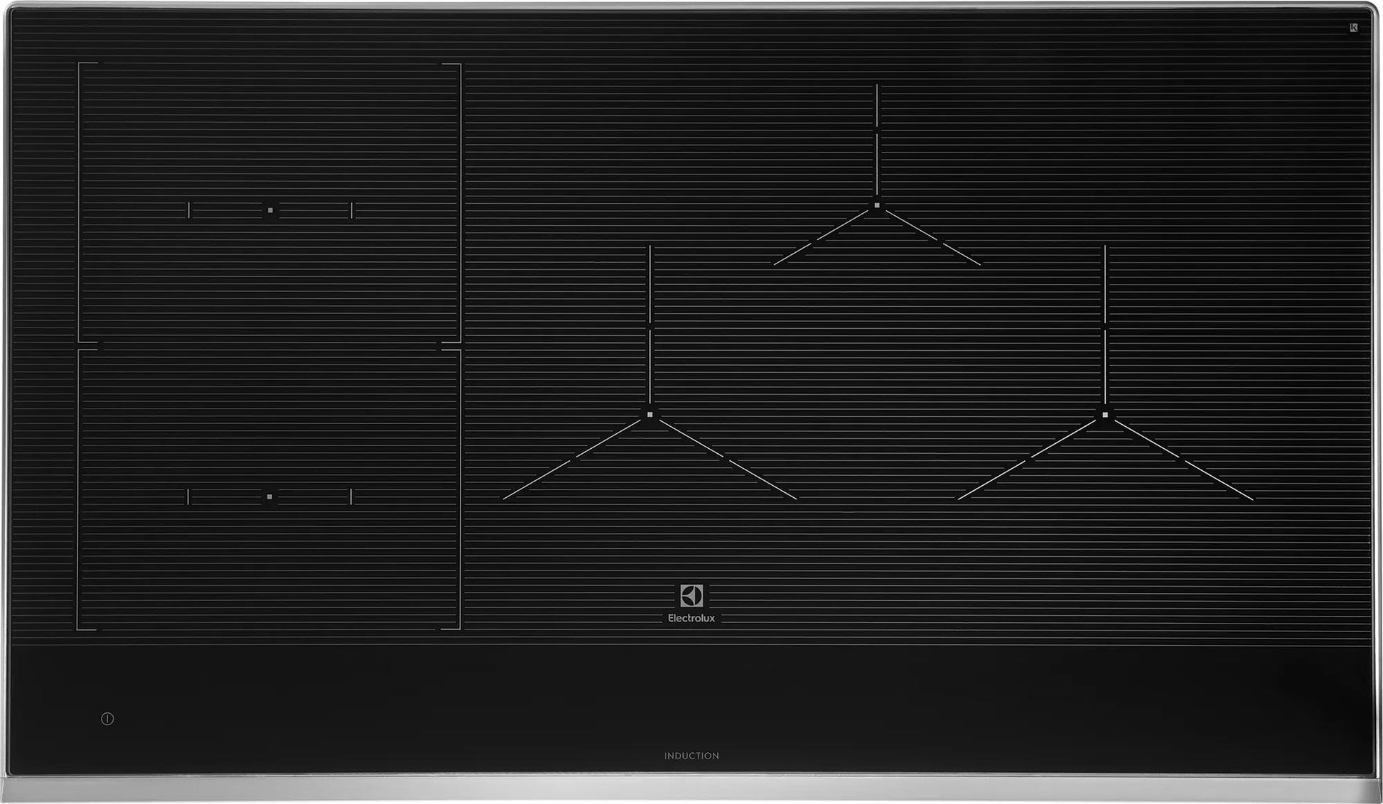 Modern 36-inch black glass induction cooktop with multiple cooking zones and stainless steel trim in kitchen appliances collection
