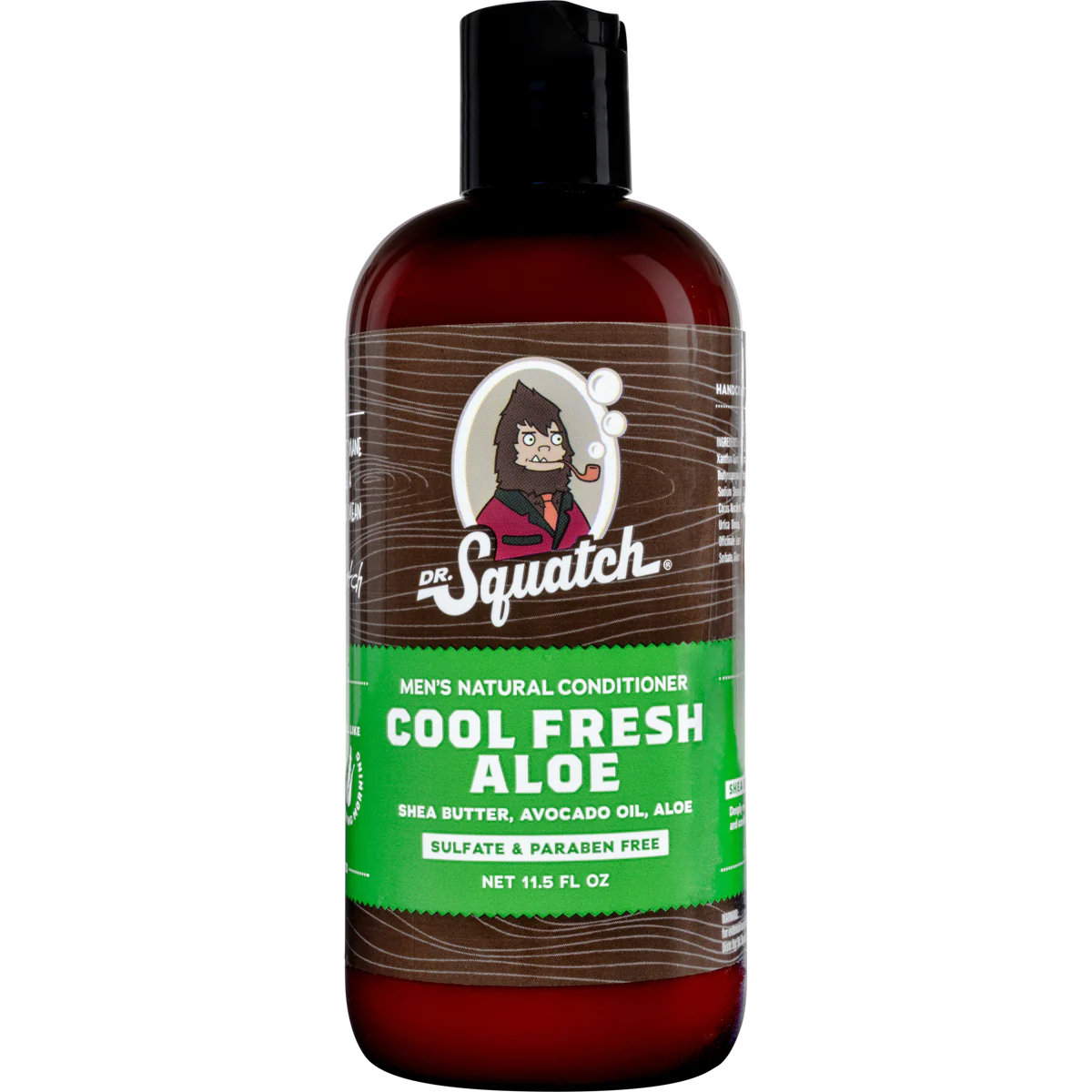 Brown bottle of Dr. Squatch Cool Fresh Aloe conditioner with green label highlighting natural ingredients and sulfate-free formula