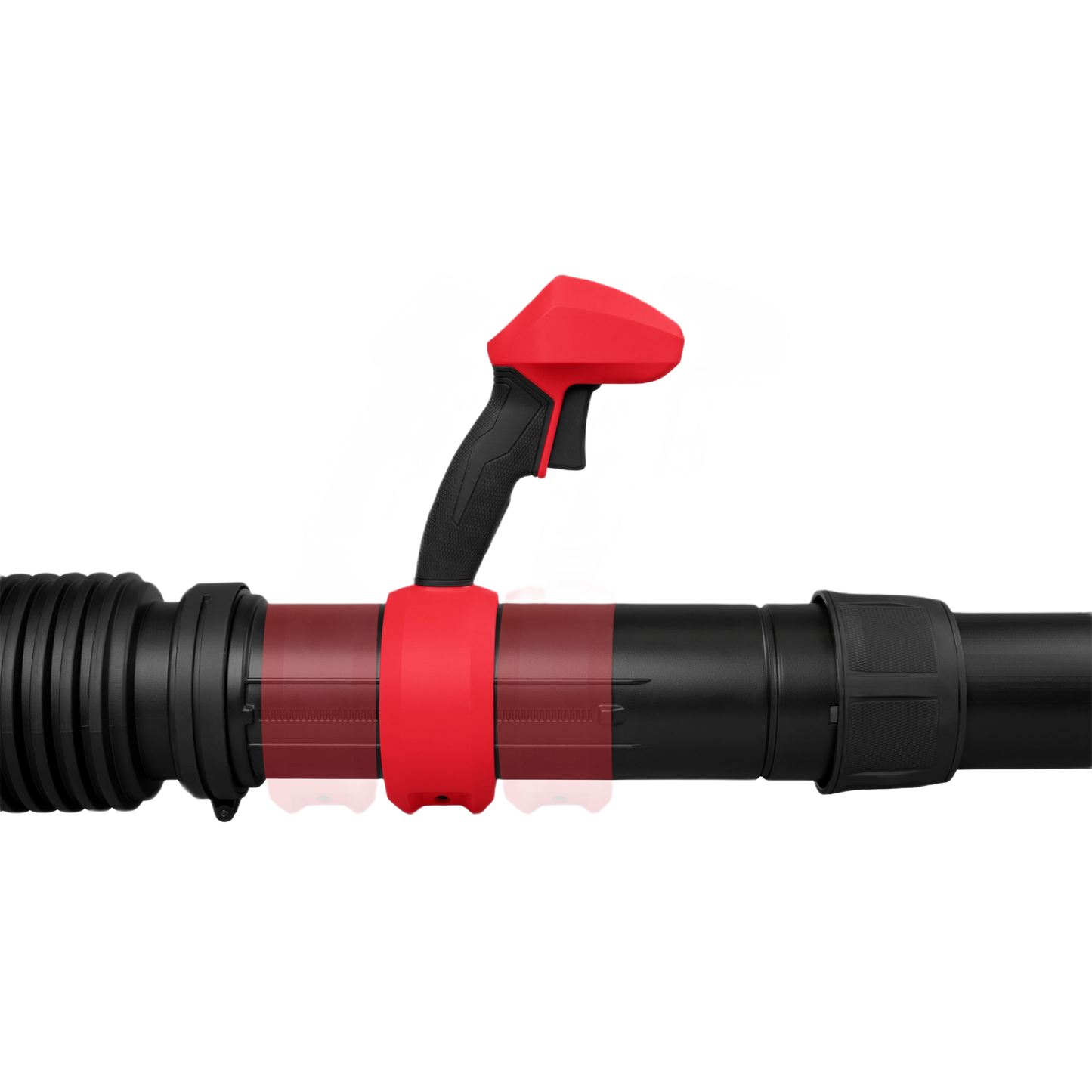 Adjustable red and black throttle control handle on blower tube for precision airflow management in outdoor power tools