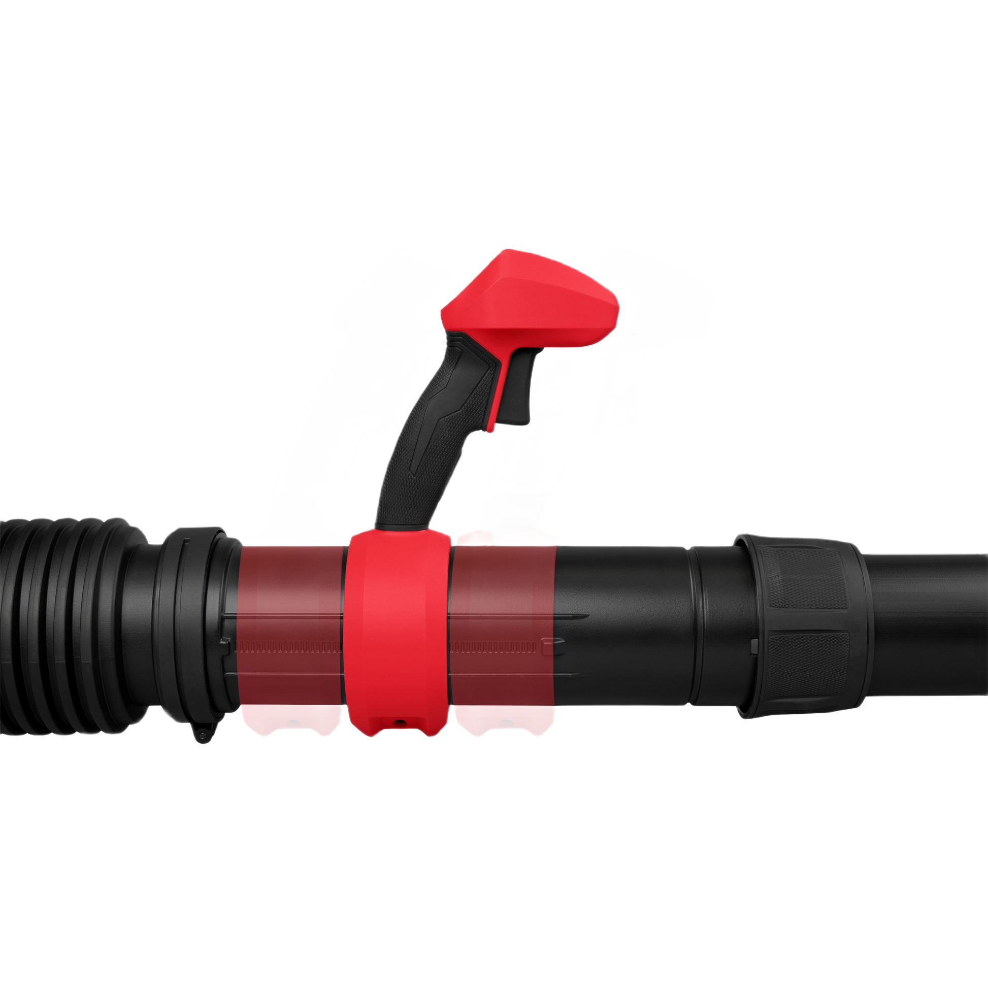 Adjustable red and black throttle control handle on blower tube for precision airflow management in outdoor power tools