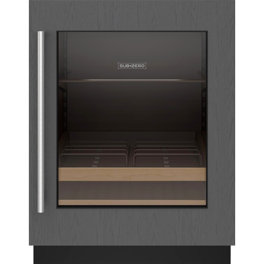 Under-counter Sub-Zero wine cooler with glass door, stainless handle, wooden shelving for kitchen appliances collection