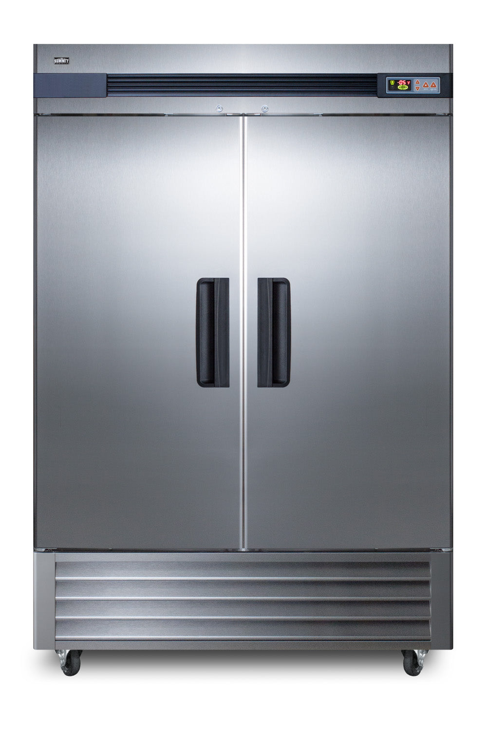 Stainless steel commercial reach-in freezer with double doors, black handles, and digital temperature display for home improvement use